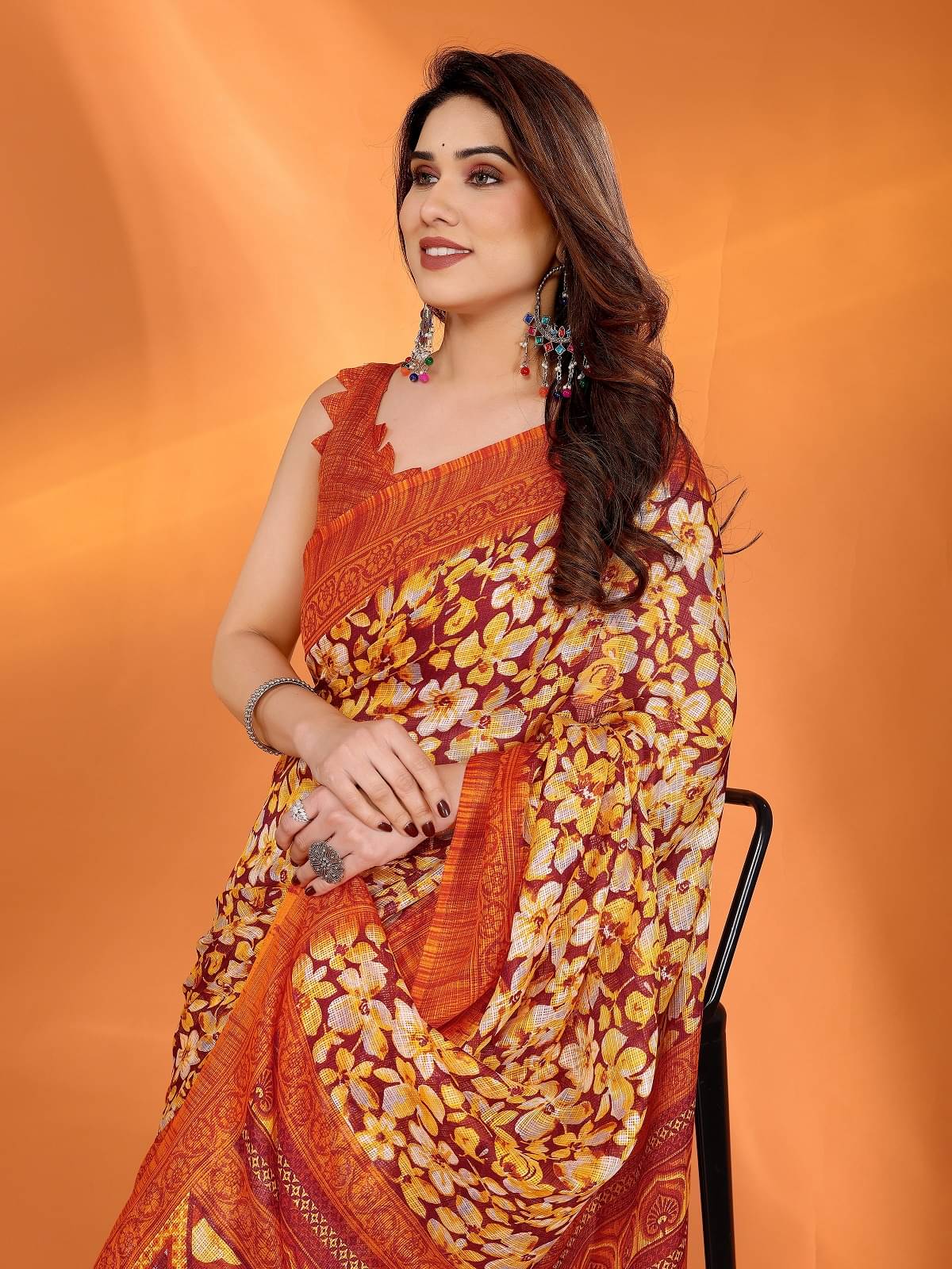     			Gazal Fashions Jute Printed Saree With Unstitched Blouse Piece ( Orange )