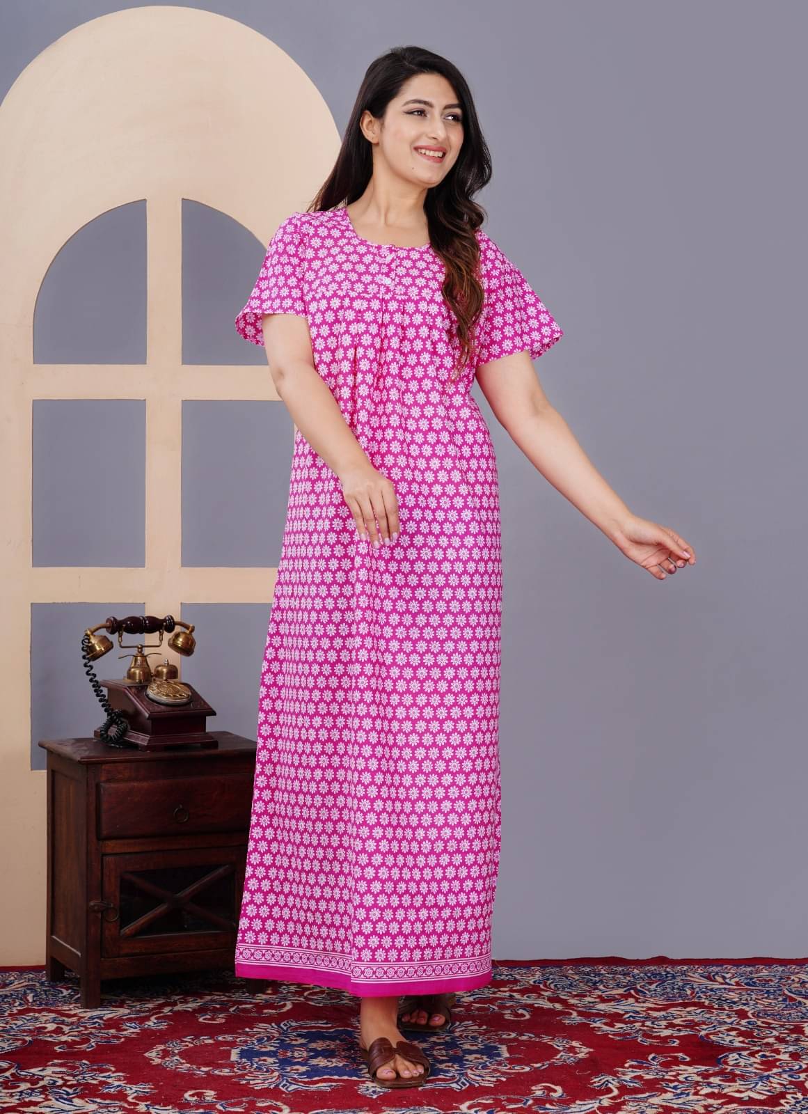 K.D.PRINTS White,Pink Cotton Women's Nightwear Nighty & Night Gowns ( Pack of 1 ) K.D.PRINTS White,Pink Cotton Women's Nightwear Nighty & Night Gowns ( Pack of 1 )