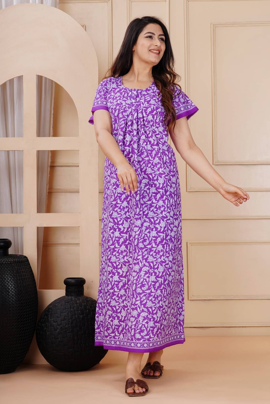     			K.D.PRINTS White,Purple Cotton Women's Nightwear Nighty & Night Gowns ( Pack of 1 )