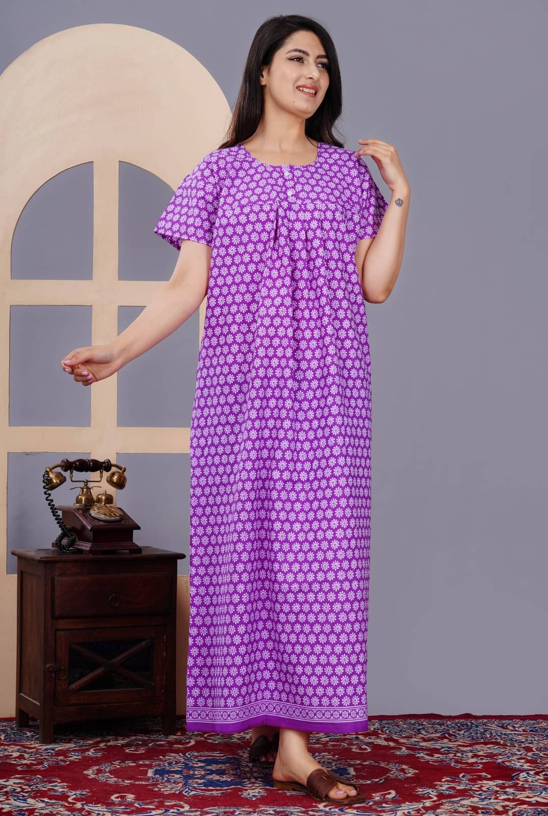     			K.D.PRINTS White,Purple Cotton Women's Nightwear Nighty & Night Gowns ( Pack of 1 )