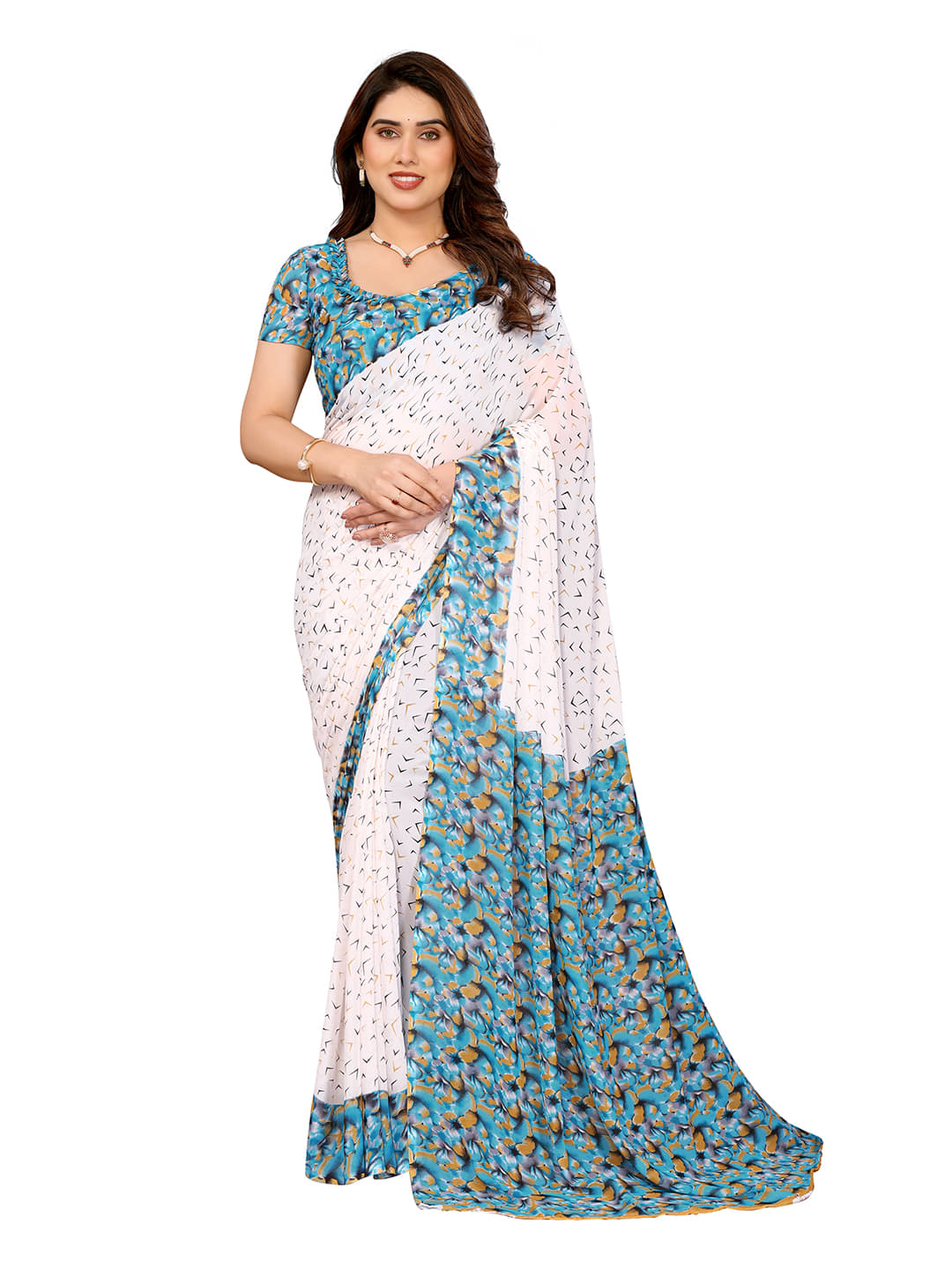     			Kashvi Sarees Georgette Printed Ilkal Saree With Unstitched Blouse Piece ( White )