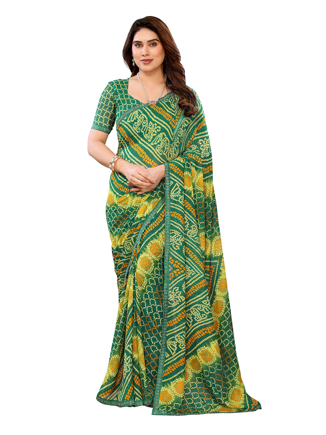 Kashvi Sarees Georgette Printed Bandhani Sarees With Unstitched Blouse Piece ( Green ) Kashvi Sarees Georgette Printed Bandhani Sarees With Unstitched Blouse Piece ( Green )