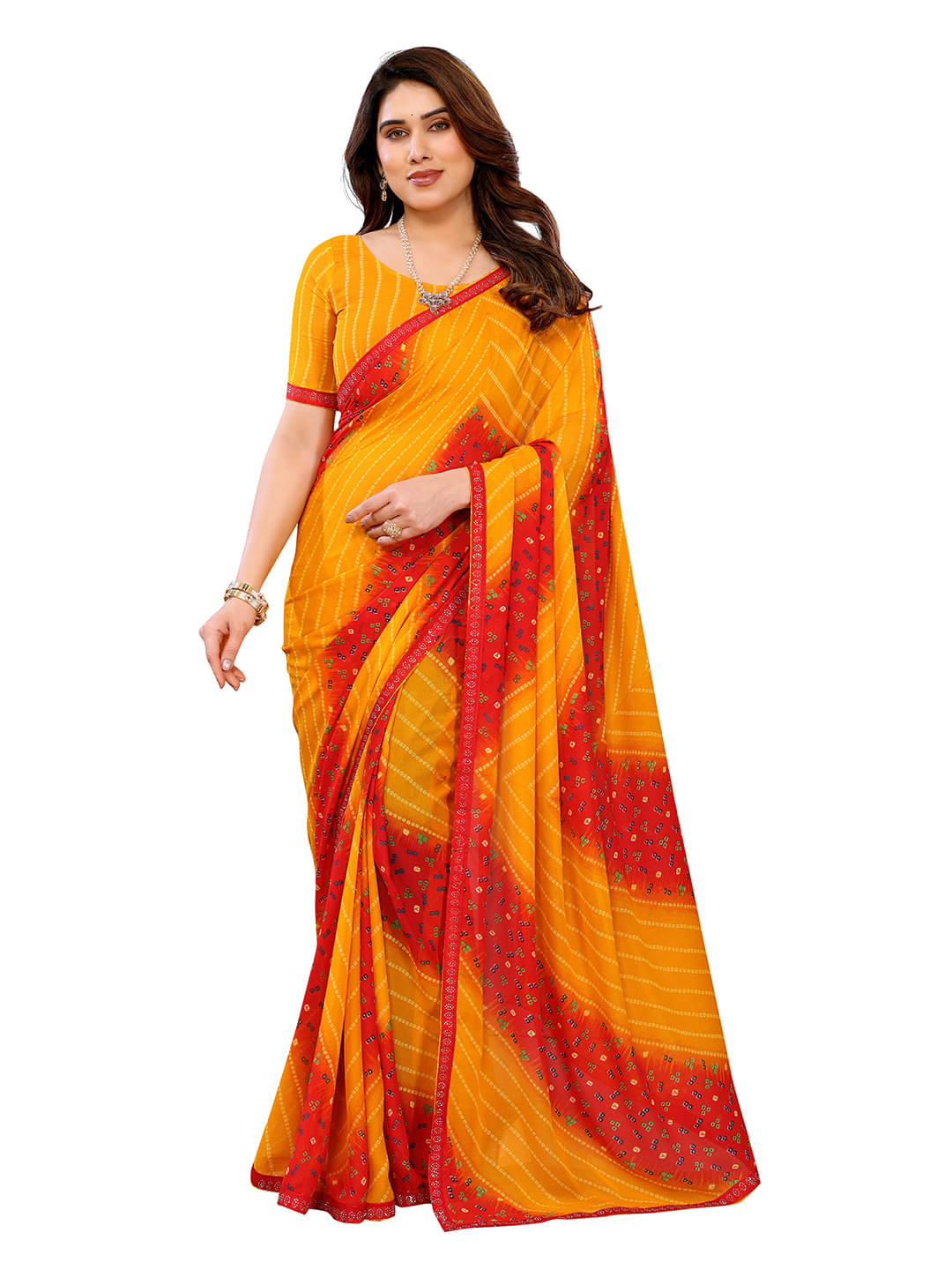 Kashvi Sarees Georgette Printed Bandhani Sarees With Unstitched Blouse Piece ( Yellow ) Kashvi Sarees Georgette Printed Bandhani Sarees With Unstitched Blouse Piece ( Yellow )