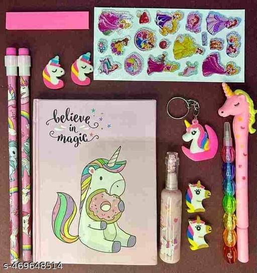 Kids Combo (Pack of 13) Unicorn Stationery - Diary for School/Book Copy with Pen/Unicorn Pen for School/Eraser/Sticky Note/Keychain/ Sticker for kids Kids Combo (Pack of 13) Unicorn Stationery - Diary for School/Book Copy with Pen/Unicorn Pen for School/Eraser/Sticky Note/Keychain/ Sticker for kids