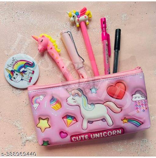     			Kids stationary includes pack of 9 items , unicorn secret lock diary with strap , stationary pouch , gel pen , pencil , eraser , highlighter sketch pen marker & keychain