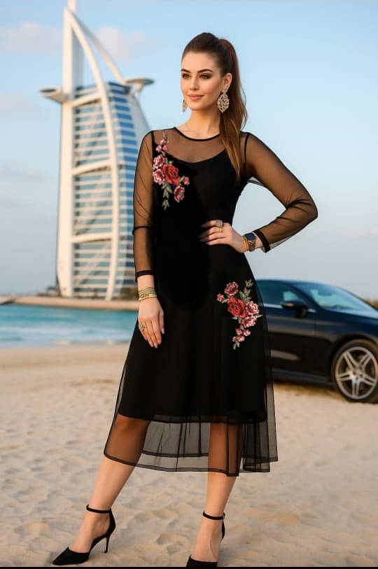 Lihana Women Net Applique A-line Dress ( Black ) Lihana Women Net Applique A-line Dress ( Black )