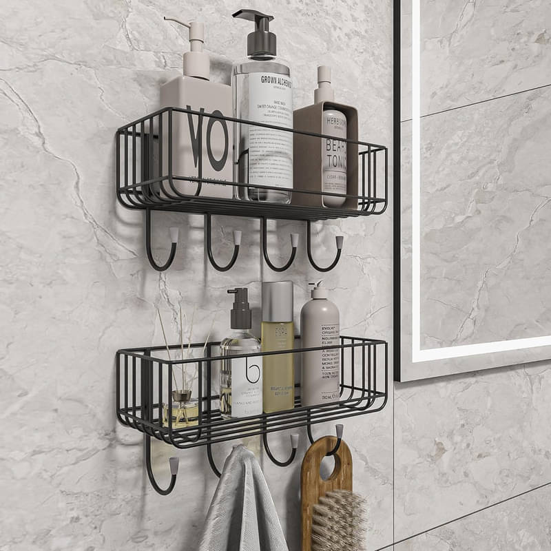     			MOTIQO Wall Mounted GI Steel Self-Adhesive Bathroom Shelf with Hooks, Bathroom Rack, Bathroom Shelf for Wall, Bathroom Accessories Organizer Black(Pack of 2)