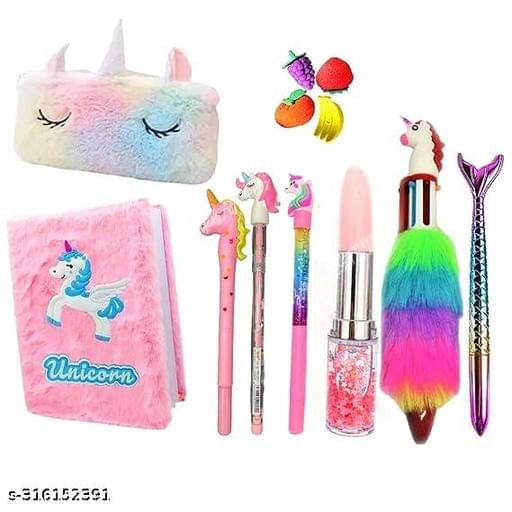     			Modern Alternatives Unicorn Eye Fur Pouch with 1 Fer Pen(4 Color),2 Pencils,1 Packet Fruit Eraser 3D Unicorn Pen Pink (Pack of 6 Itmes)