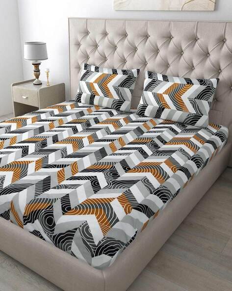     			NeLeo Poly Cotton Abstract Fitted 1 Bedsheet with 2 Pillow Covers ( King Size ) - Multi