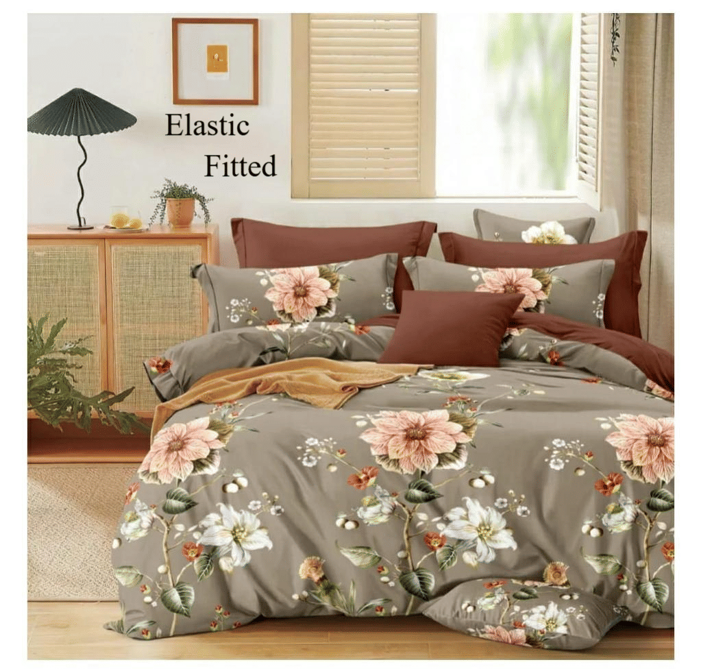     			NeLeo Poly Cotton Floral Fitted 1 Bedsheet with 2 Pillow Covers ( King Size ) - Brown