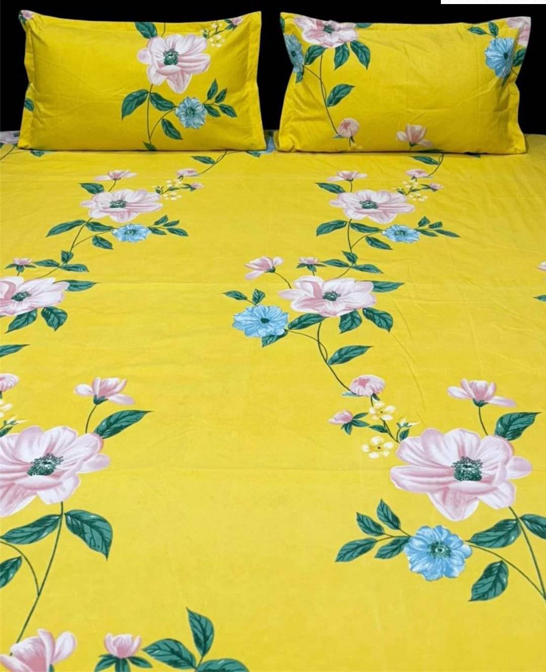     			NeLeo Poly Cotton Floral Fitted 1 Bedsheet with 2 Pillow Covers ( King Size ) - Yellow