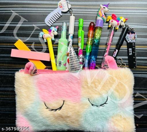     			Pack of 9 Pcs Combo of Stationery Set for Kids Fur Pouch, Unicorn Diary, Pen, Pencil, Eraser, Transparent Pouch, Sticky Note & 6 in 1 Fur Pen Unicorn Stationery collection for students