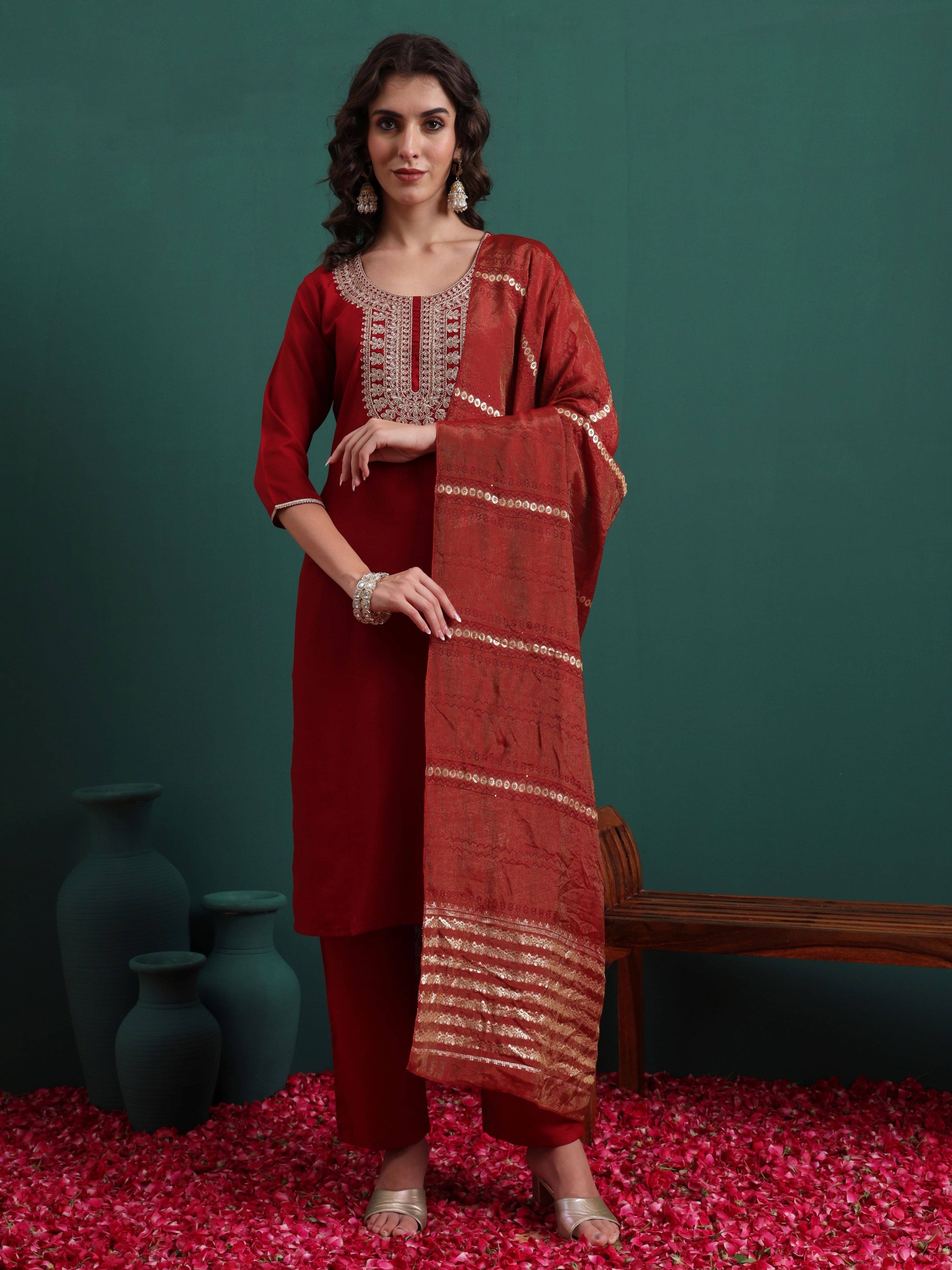     			Royal Export Women Viscose Embroidered Straight Kurti With Pants ( Maroon )