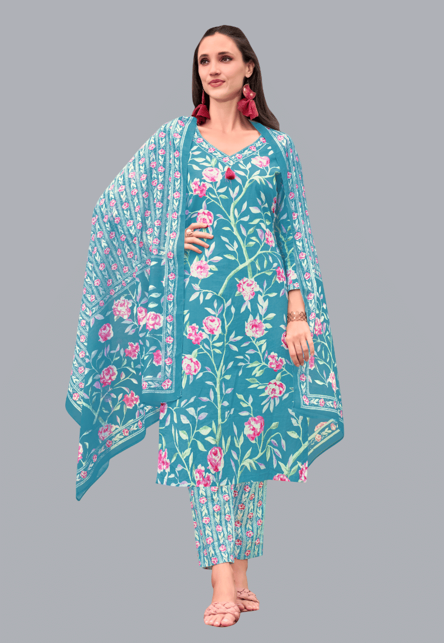 SIMMU Women Cotton Printed Straight Kurti With Pants ( Blue ) SIMMU Women Cotton Printed Straight Kurti With Pants ( Blue )