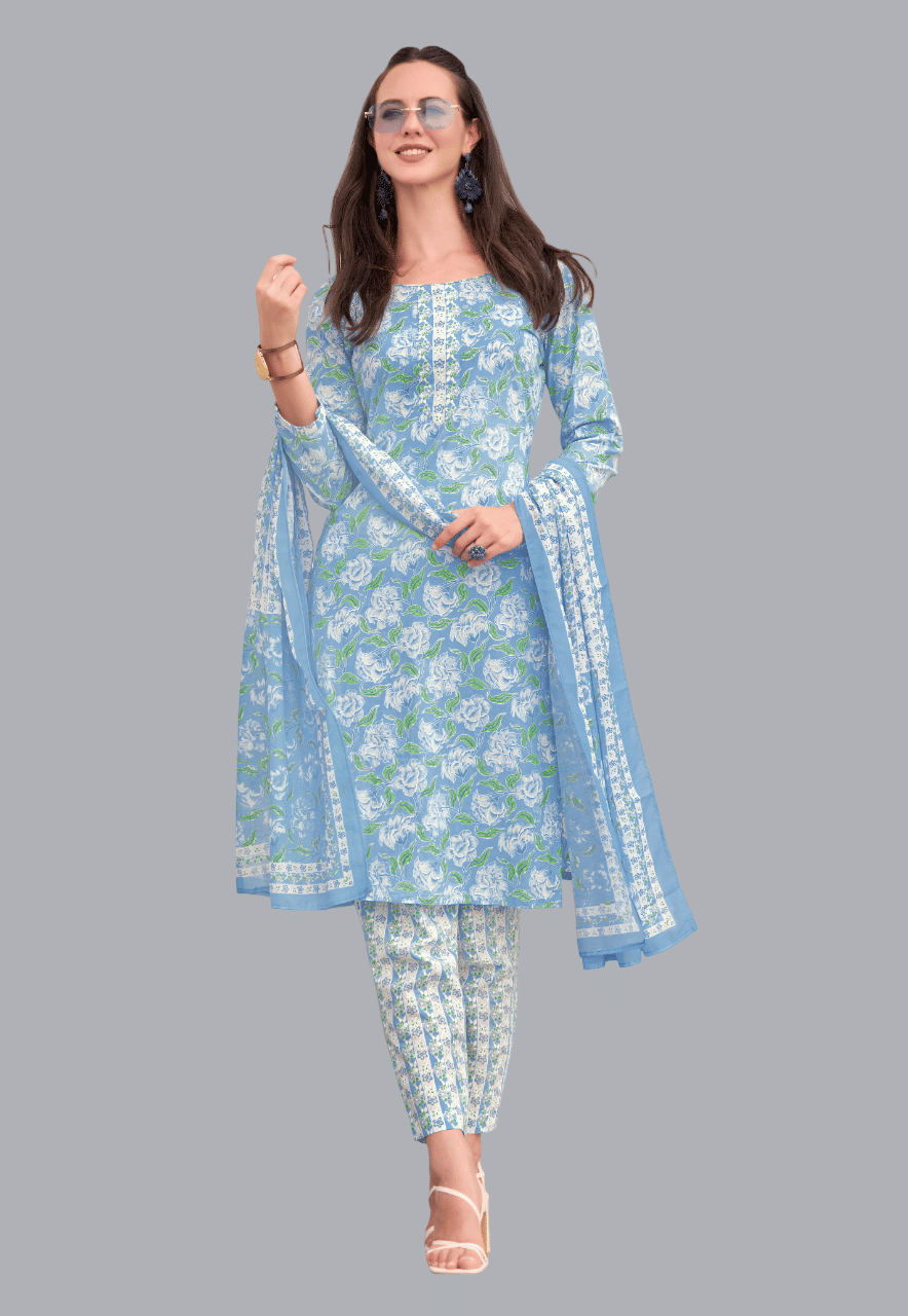     			SIMMU Women Cotton Printed Straight Kurti With Pants ( Blue )