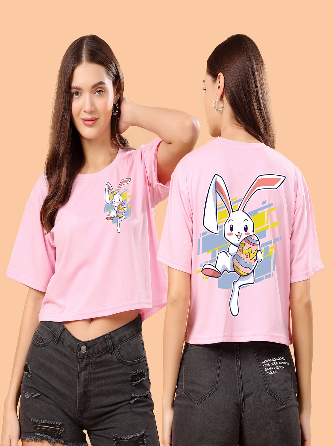     			SWIFTLY Women Cotton Printed Oversized Fit Round Neck T-Shirt ( Pink )