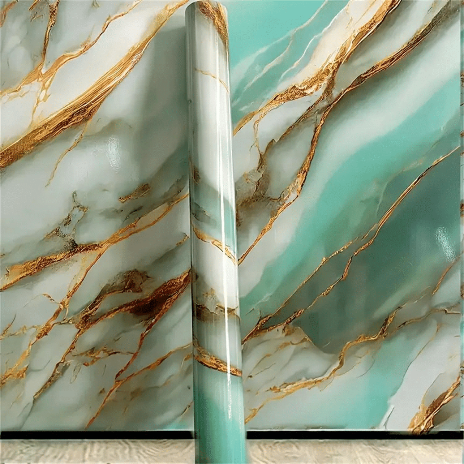 Self Adhesive Sky Blue Marble Wallpaper | Gold Vein Design | Pack of 2 | Waterproof Peel and Stick Wall Sticker | 60x200cm Each | Glossy Finish Self Adhesive Sky Blue Marble Wallpaper | Gold Vein Design | Pack of 2 | Waterproof Peel and Stick Wall Sticker | 60x200cm Each | Glossy Finish