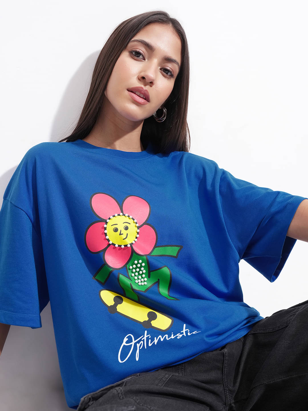     			Tokyo Talkies Women Cotton Blend Printed Oversized Fit Round Neck T-Shirt ( Blue )