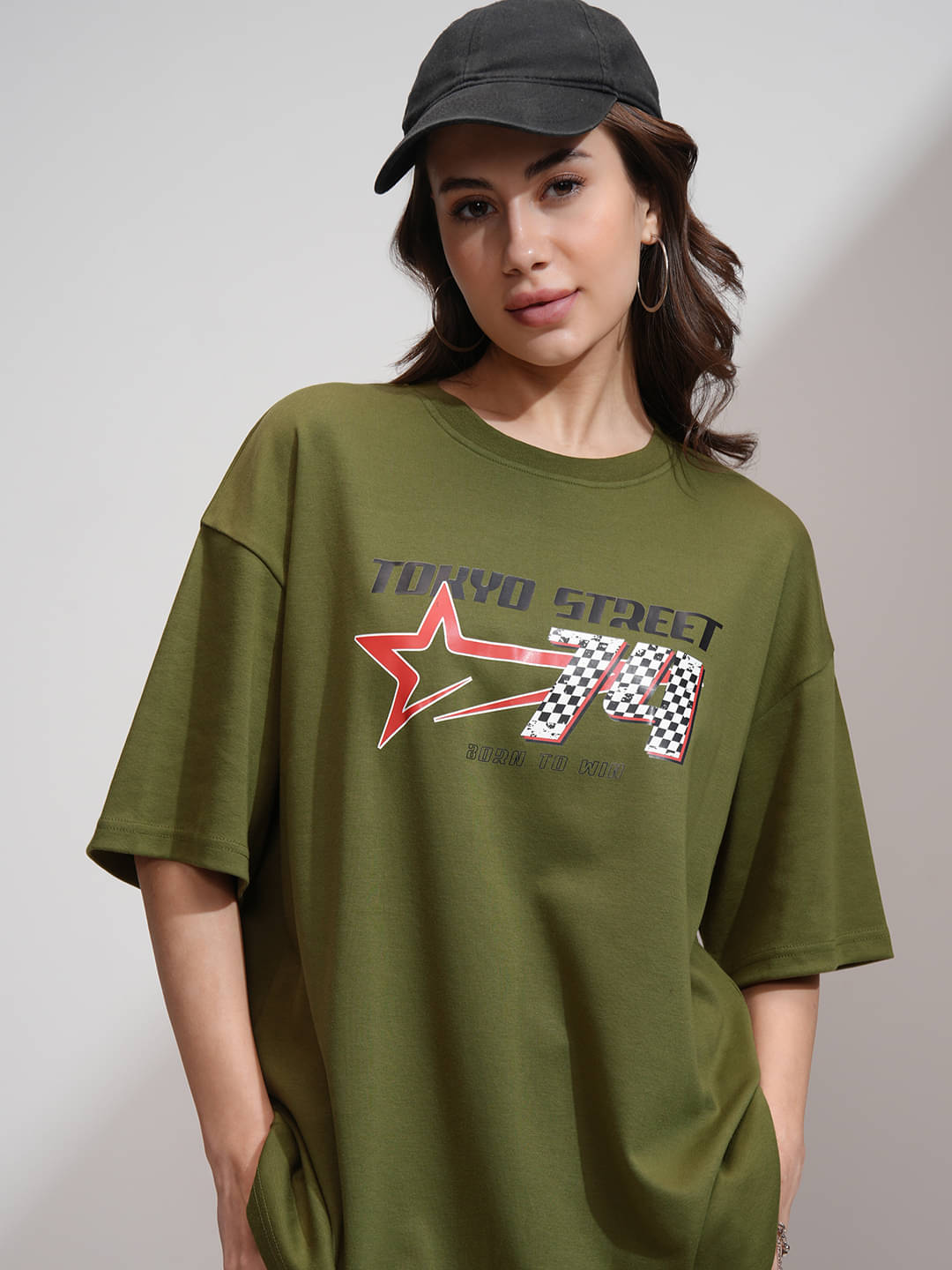Tokyo Talkies Women Cotton Blend Printed Oversized Fit Round Neck T-Shirt ( Olive ) Tokyo Talkies Women Cotton Blend Printed Oversized Fit Round Neck T-Shirt ( Olive )