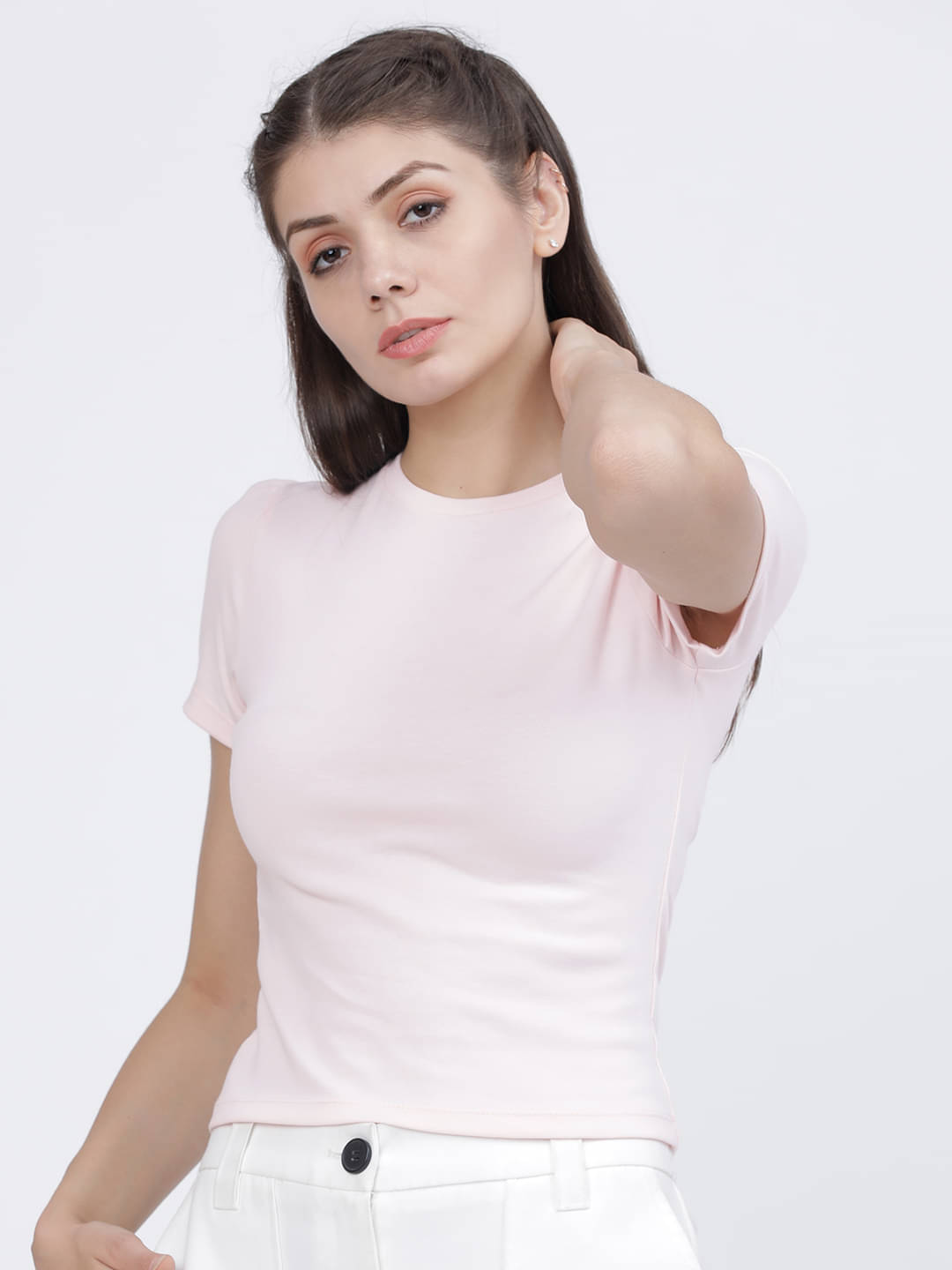     			Tokyo Talkies Women Cotton Blend Solid Regular Fit Round Neck T-Shirt ( Pink )