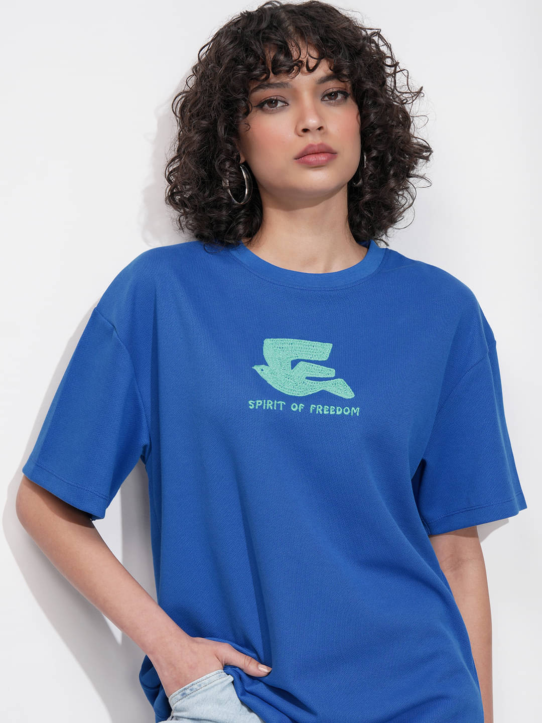     			Tokyo Talkies Women Cotton Blend Self Design Oversized Fit Round Neck T-Shirt ( Blue )