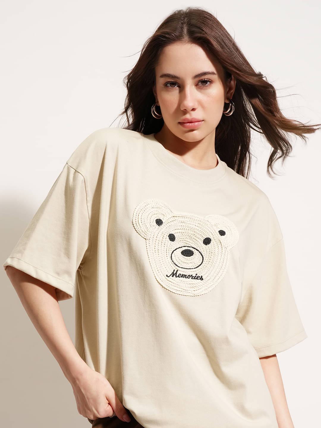     			Tokyo Talkies Women Cotton Blend Self Design Oversized Fit Round Neck T-Shirt ( Beige )