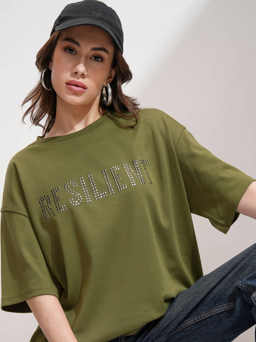     			Tokyo Talkies Women Cotton Blend Printed Oversized Fit Round Neck T-Shirt ( Olive )