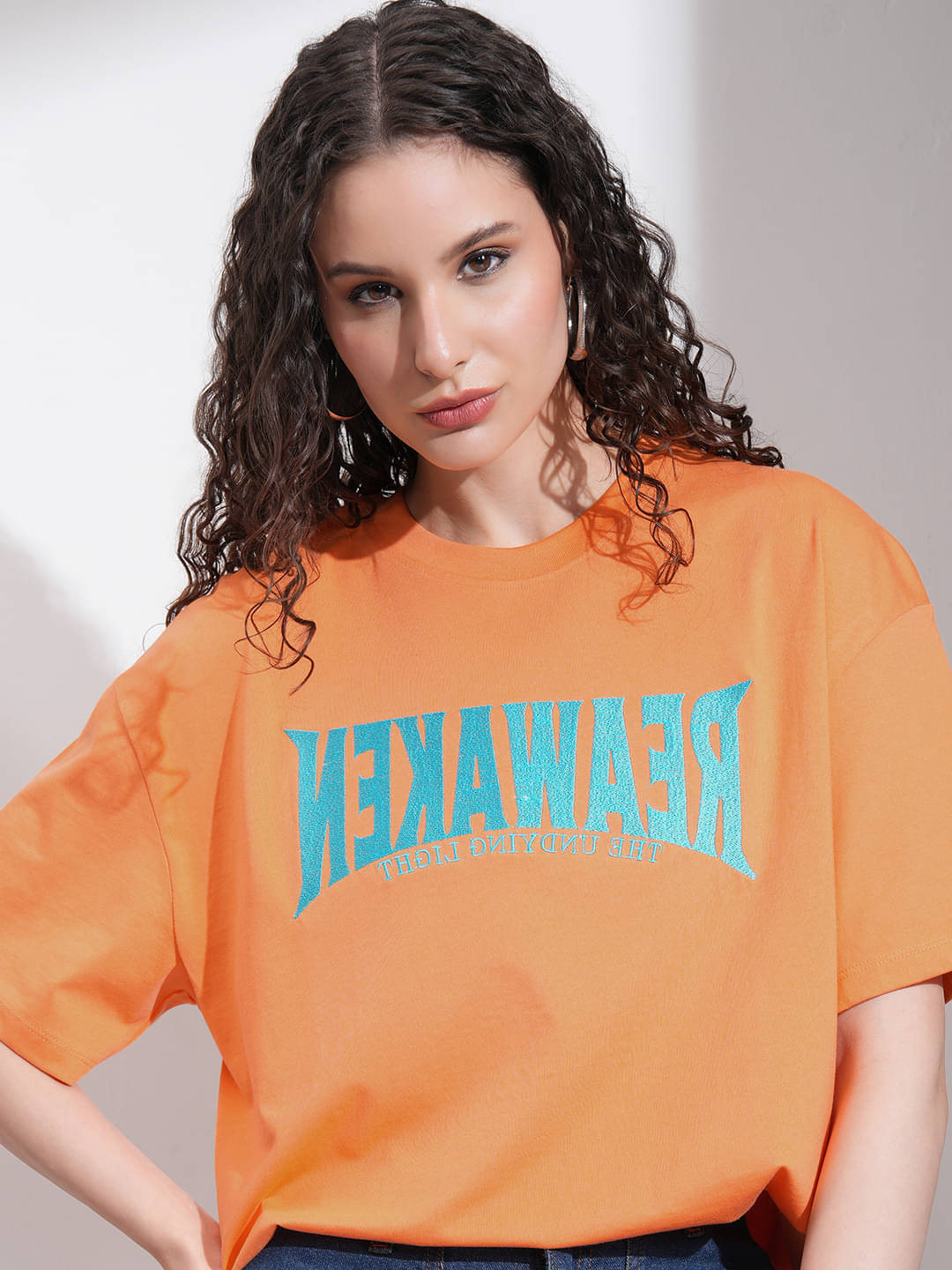     			Tokyo Talkies Women Cotton Blend Self Design Oversized Fit Round Neck T-Shirt ( Orange )