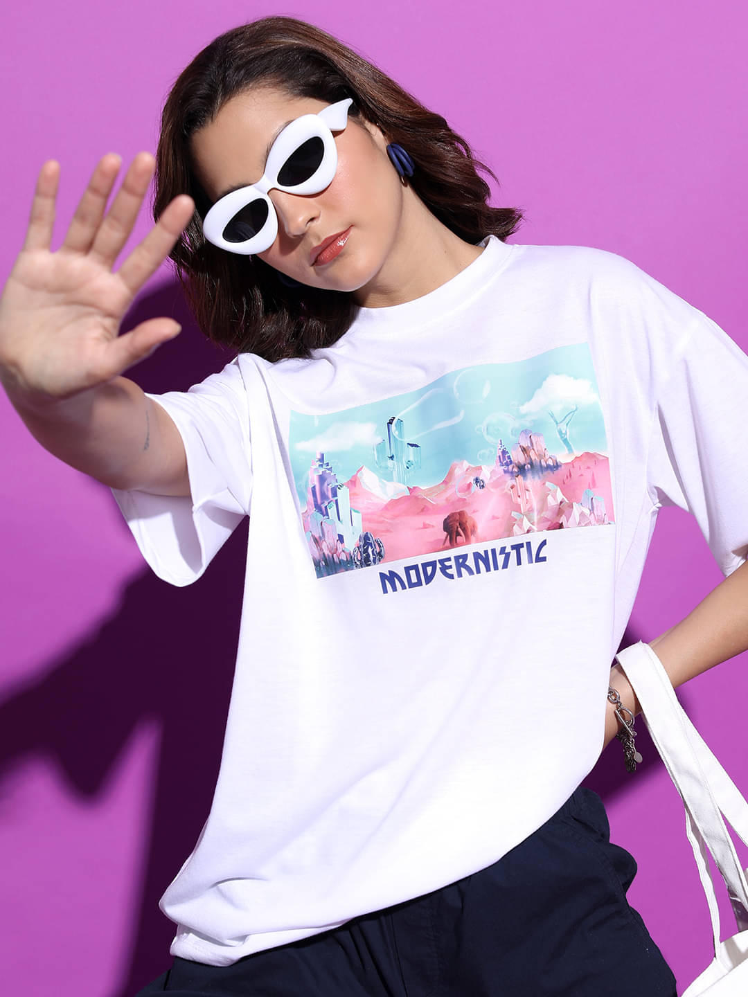     			Tokyo Talkies Women Poly Cotton Printed Oversized Fit Round Neck T-Shirt ( White )