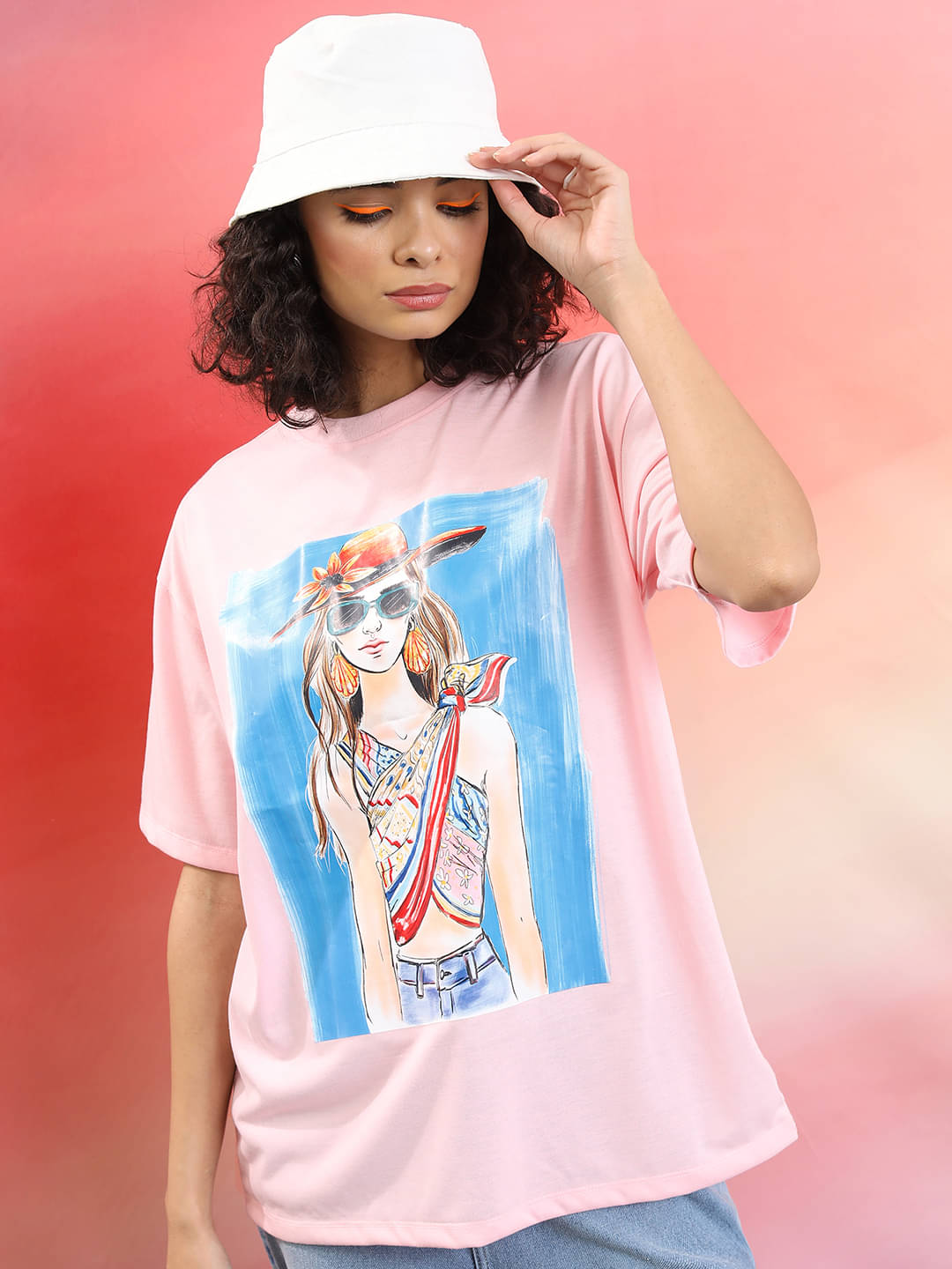     			Tokyo Talkies Women Poly Cotton Printed Oversized Fit Round Neck T-Shirt ( Pink )