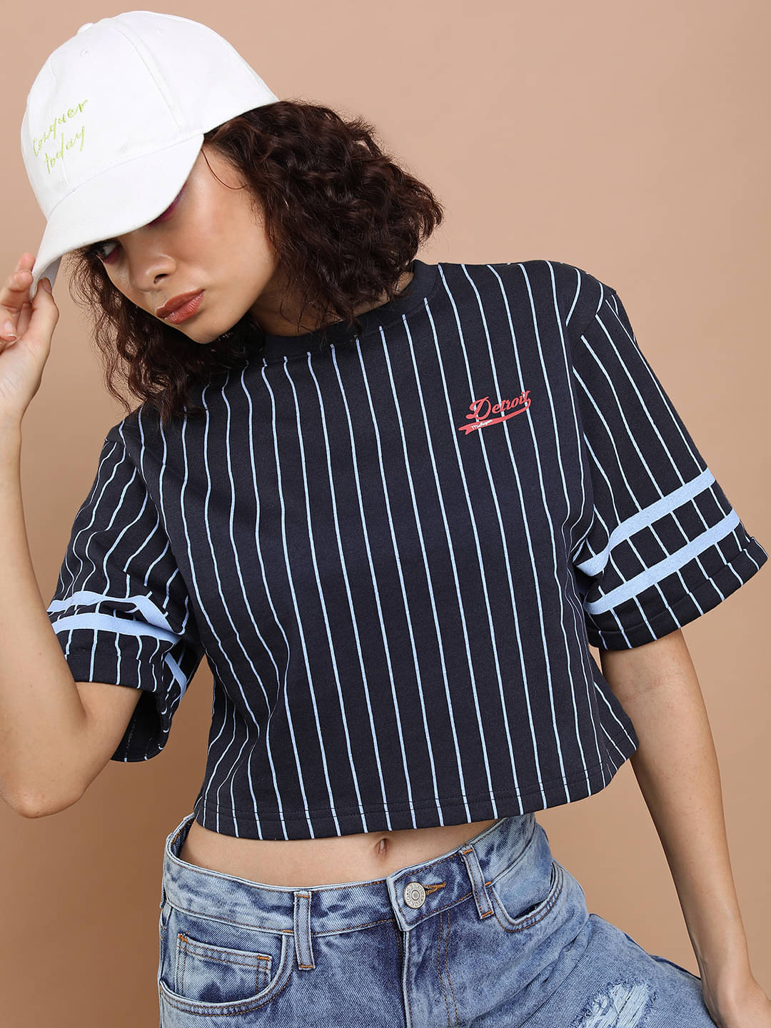 Tokyo Talkies Women Poly Cotton Striped Regular Fit Round Neck T-Shirt ( Navy ) Tokyo Talkies Women Poly Cotton Striped Regular Fit Round Neck T-Shirt ( Navy )