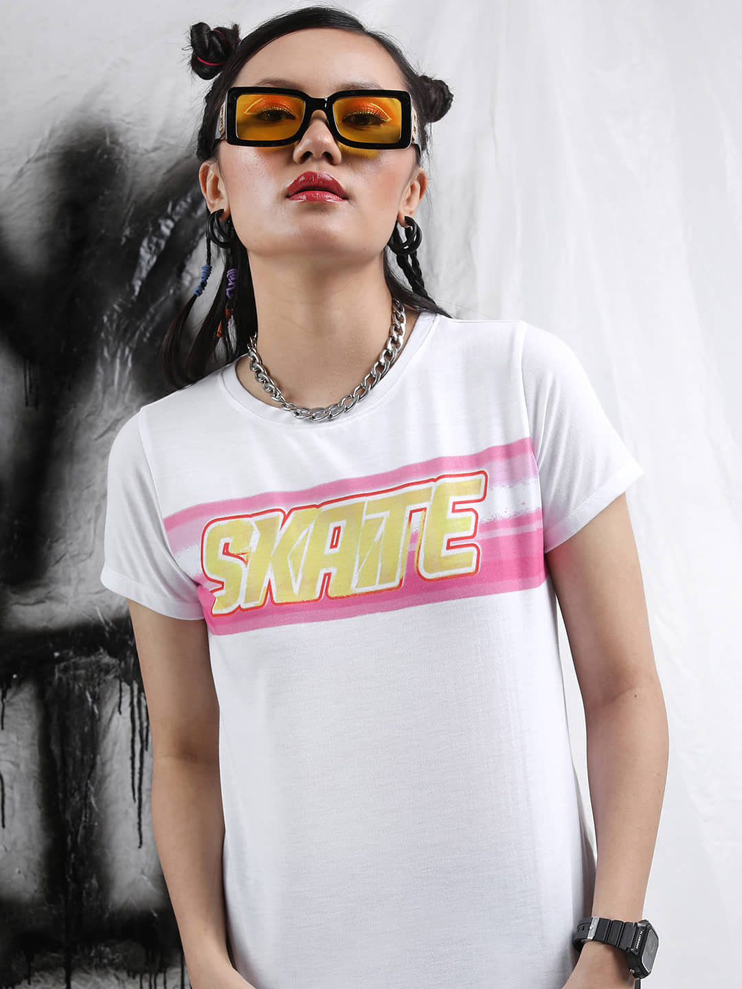 Tokyo Talkies Women Polyester Printed Regular Fit Round Neck T-Shirt ( White )
