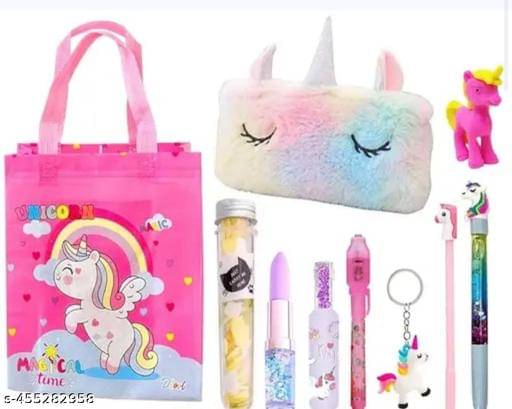     			Unicorn Bag Unicorn Fur Pouch Paper Soap Lipstick Pen Unicorn Highlighter Cheating Pen Unicorn Keychain Unicorn Pen Unicorn Glitter Pen etc. Best Stationery Combo Pack For Kids Birthday Gift or Return Gift