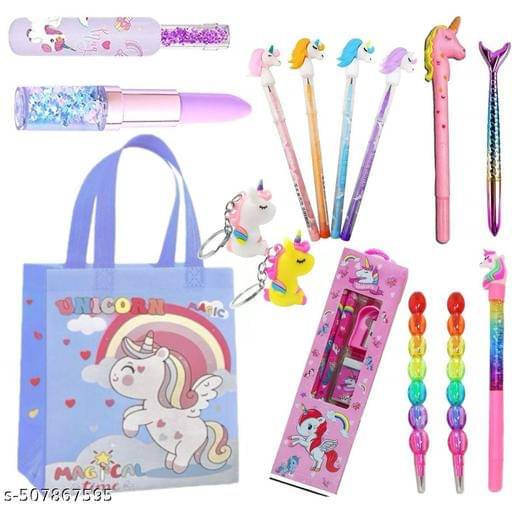     			Unicorn Big Super Saver Combo 9 In 1 Items Gift Set - Unicorn Diary, Clear Folder Pouch, Gel Pen - Pencil, 4 Pc Eraser Set, Keychain, Badge, Fur Pouch & Stickers