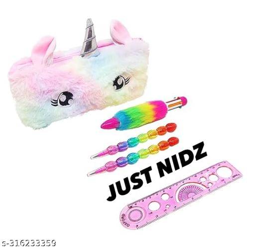     			Unicorn (Combo of 5 Items) 1 Fur Pouch, 1 Fer Pen, 2 Pencils, and 1 Scale for Kids (Multicolor)
