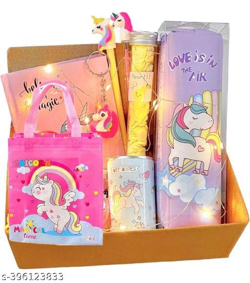     			Unicorn Goody Box Combo Party Favor Supplies Unicorn Return Gift Kids - Unicorn Diary Copy Notebook fur pen Pen, carry bag, wipes and unicorn pouch Cute Keychain (Unicorn)