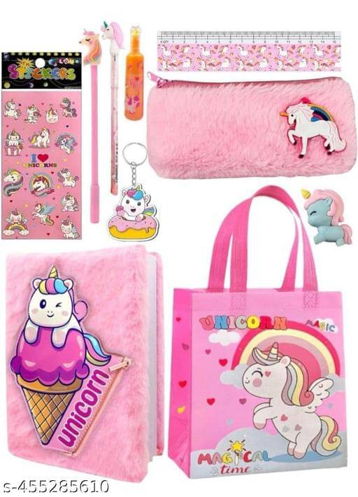     			Unicorn (Pack Of 11 Pcs) Combo Set I Cute Unique Fur Diary With Attached Zipper Case, Fur Pouch And School Fancy Stationary Best Return Gifts For Kids