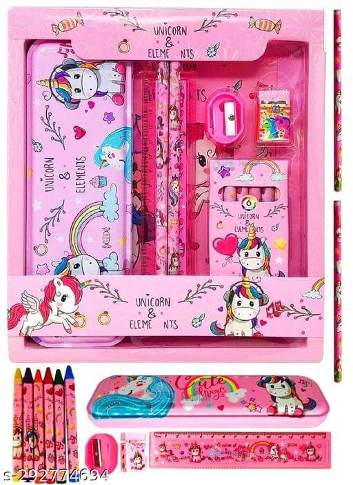     			Unicorn Stationary Set Unicorn Pencil Box, Pencil Sharpner Eraser Scale Cryon Kit with Mermaid Cartoon 3DEraser Set for Kids Girls Boys Gift Unicorn Gift for Girls
