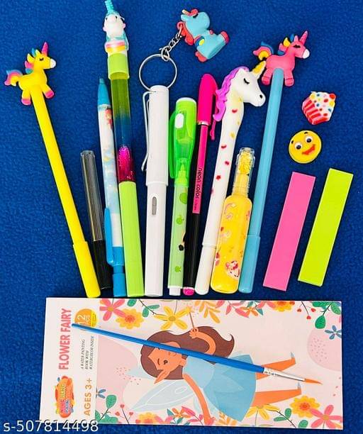     			Unicorn Stationery Combo- Painting Book Unicorn Pens Pencil Fur Pen Earser for Girls Pencil Pouch Case for Kids Notebook School Stationery (Pack of 16)