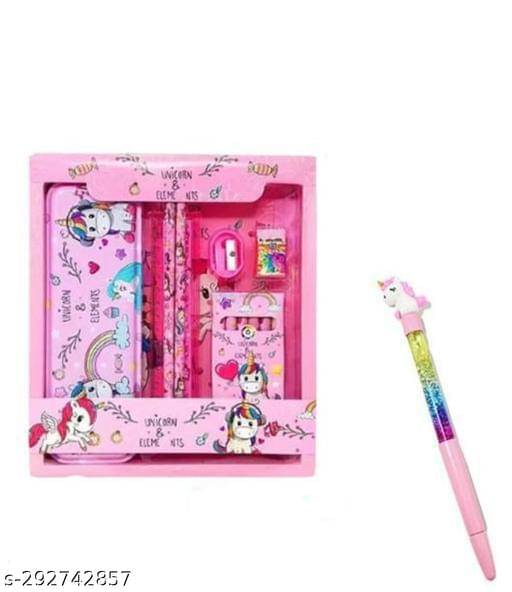     			Unicorn Stationery Set for Kids   PINK COLOUR SET  WITH GEOMATRY,2 PENCIL, 1 SCALE,1ERASER,1SHARPNER ,6WAX COLOURS AND 1 WATER  GLITTER UNICORN PEN