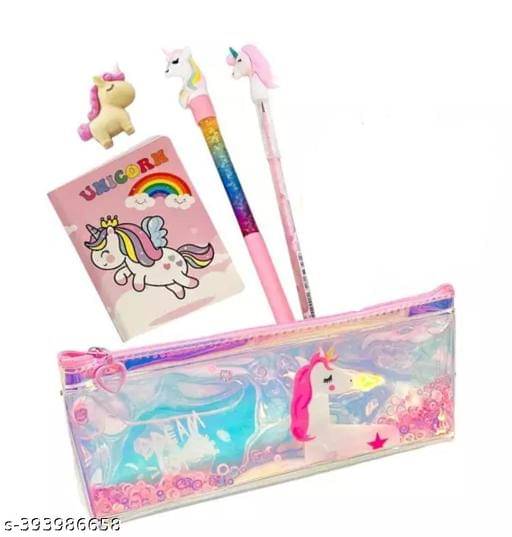    			Unicorn Water glitter Holographic transparent stationary pouch 1 piece organizer box ( random colors) with school stationary gel pen, pencil , eraser