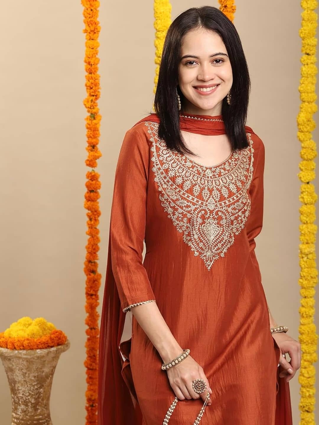 YAGNIK FASHION Women Rayon Solid A-line Kurti With Pants ( Brown )