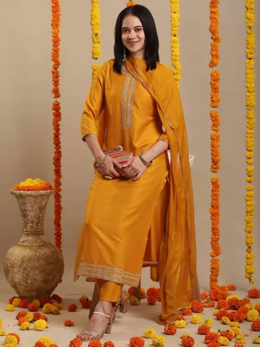 YAGNIK FASHION Women Rayon Solid A-line Kurti With Pants ( Yellow )