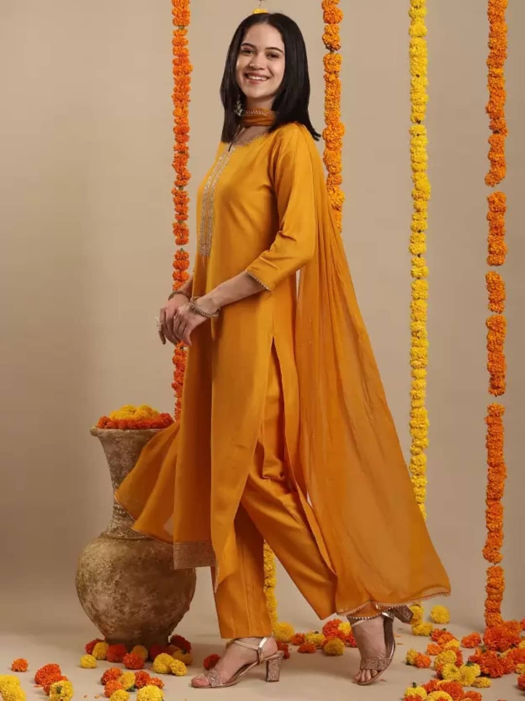 YAGNIK FASHION Women Rayon Solid A-line Kurti With Pants ( Yellow )