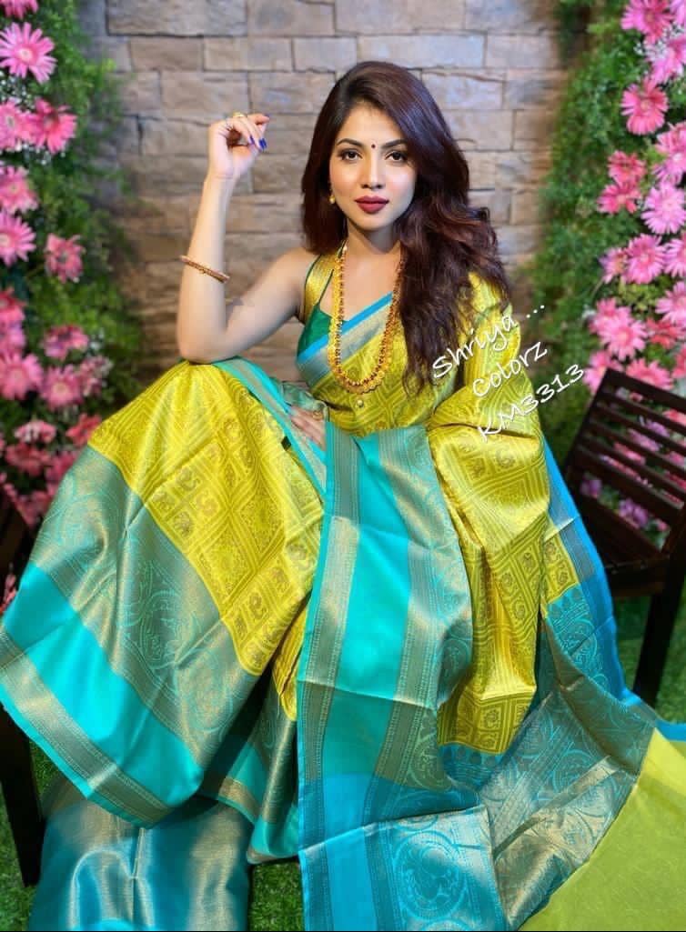 fab woven Art Silk Woven Kanjeevaram Sarees With Unstitched Blouse Piece ( Yellow ) - Sarees | Buy online on ZillyBuy