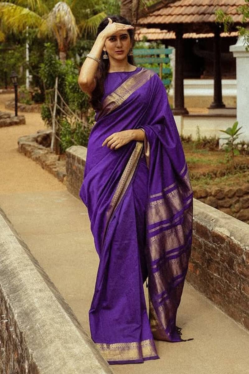 fab woven Art Silk Woven Kanjeevaram Sarees With Unstitched Blouse Piece ( Purple ) - Sarees | Buy online on ZillyBuy