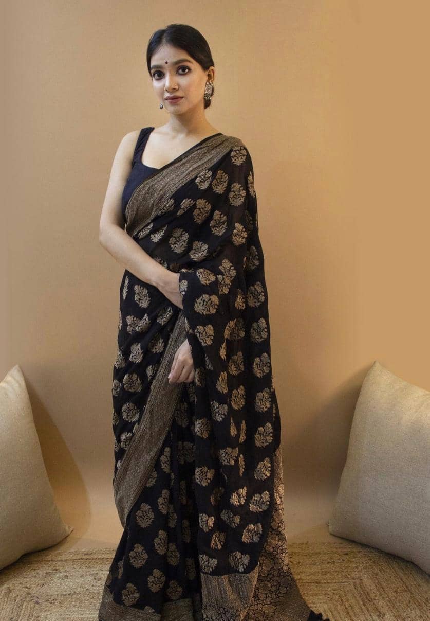 fab woven Art Silk Woven Kanjeevaram Sarees With Unstitched Blouse Piece ( Black ) - Sarees | Buy online on ZillyBuy