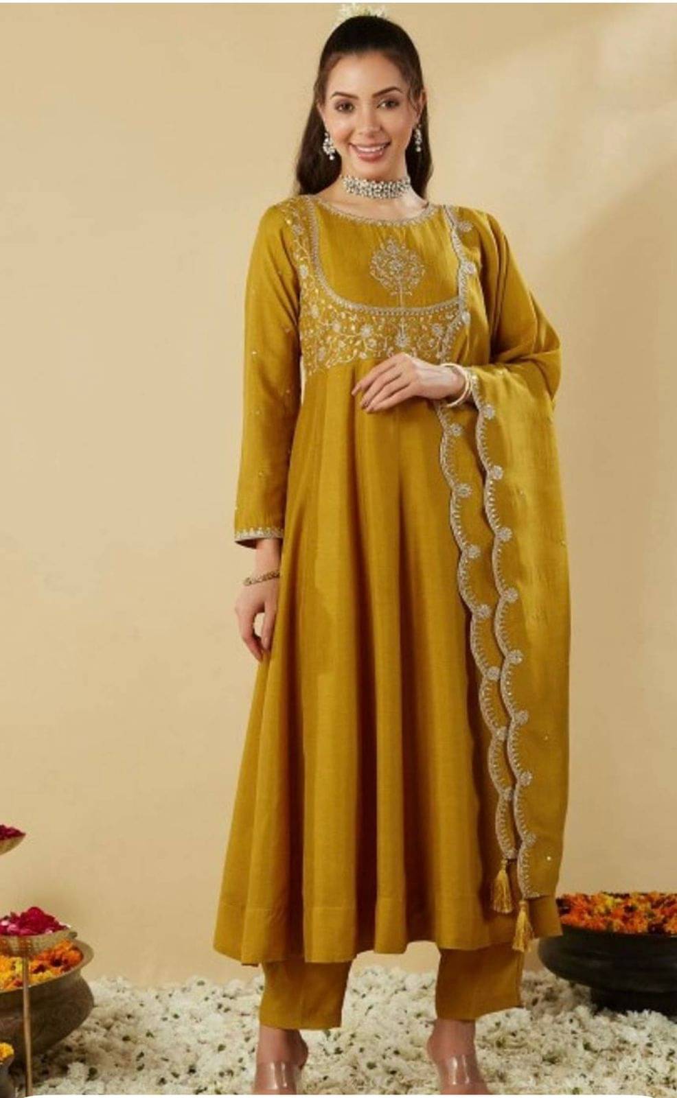     			keshav fashion Women Silk Blend Embroidered Anarkali Kurti With Patiala Salwar ( Gold )