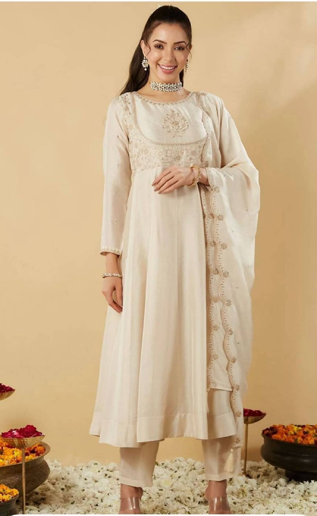     			keshav fashion Women Silk Blend Embroidered Anarkali Kurti With Patiala Salwar ( White )