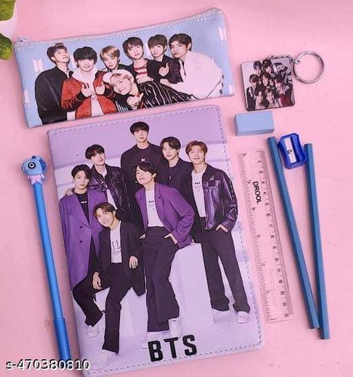     			pack of 4 piece BTS Diary For Boys Cartoon Gel Pen For Boys BTS Pouch With Stationary Pencil Eraser Sharpener For Kids Boys Return Gifts